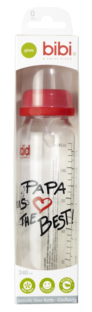 Пляшечки Пляшка Преміум з супер міцного скла 240 мл. з соскою форма Дентал, серія Мама / Папа, bibi