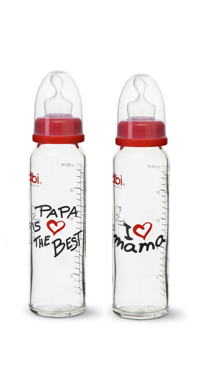 Пляшечки Пляшка Преміум з супер міцного скла 240 мл. з соскою форма Дентал, серія Мама / Папа, bibi