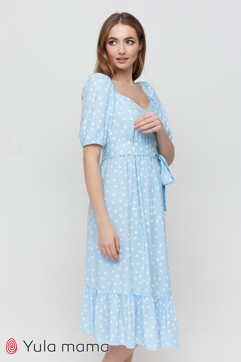 Платье для беременных и кормящих мам FEDERICA молочный горох на голубом фоне, Юла мама, Голубой, S