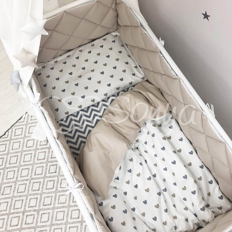 Постільна білизна Комплект постільної білизни в ліжечко Baby Mix Сіро-бежеві серця, 6 елементів, Маленька Соня