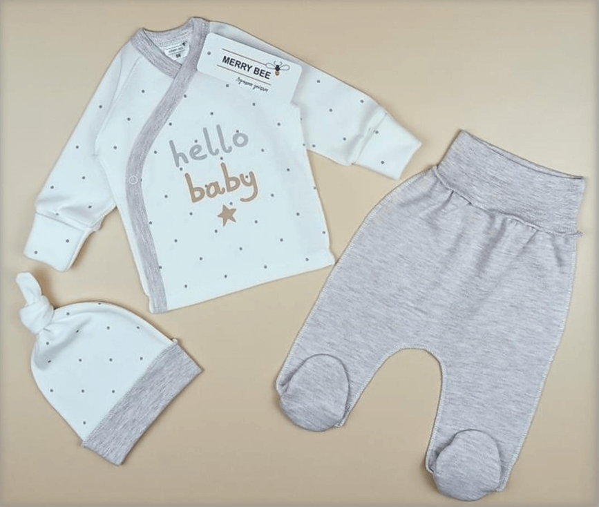 Комплекти Комплект для новонароджених Hello Baby 3 предмета (льоля, повзунки, шапочка), білий, Merry Bee