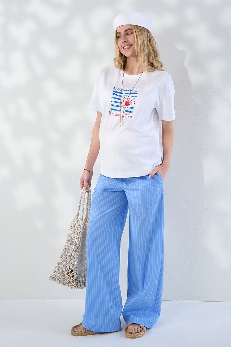 Штани Прямі штани блакитного кольору в білу смужку з поясом під живіт, Юла мама