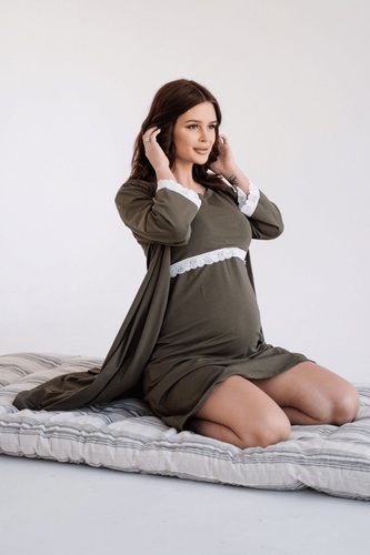 Халаты Комплект халат и ночнушка для беременных и кормящих мам 4299041, хаки, To be