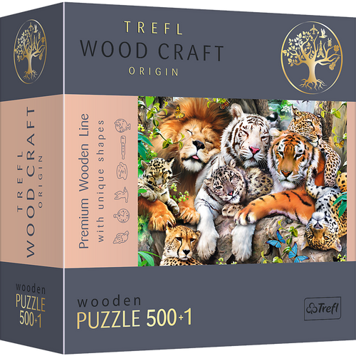 Пазлы, мозаика Пазлы фигурные из дерева - (500+1 элм.) - "Дикие коты в джунглях", Trefl