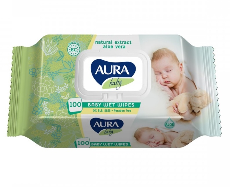 Влажные детские салфетки Влажные салфетки Baby aloe vera (зеленая пачка), 100 шт, Aura