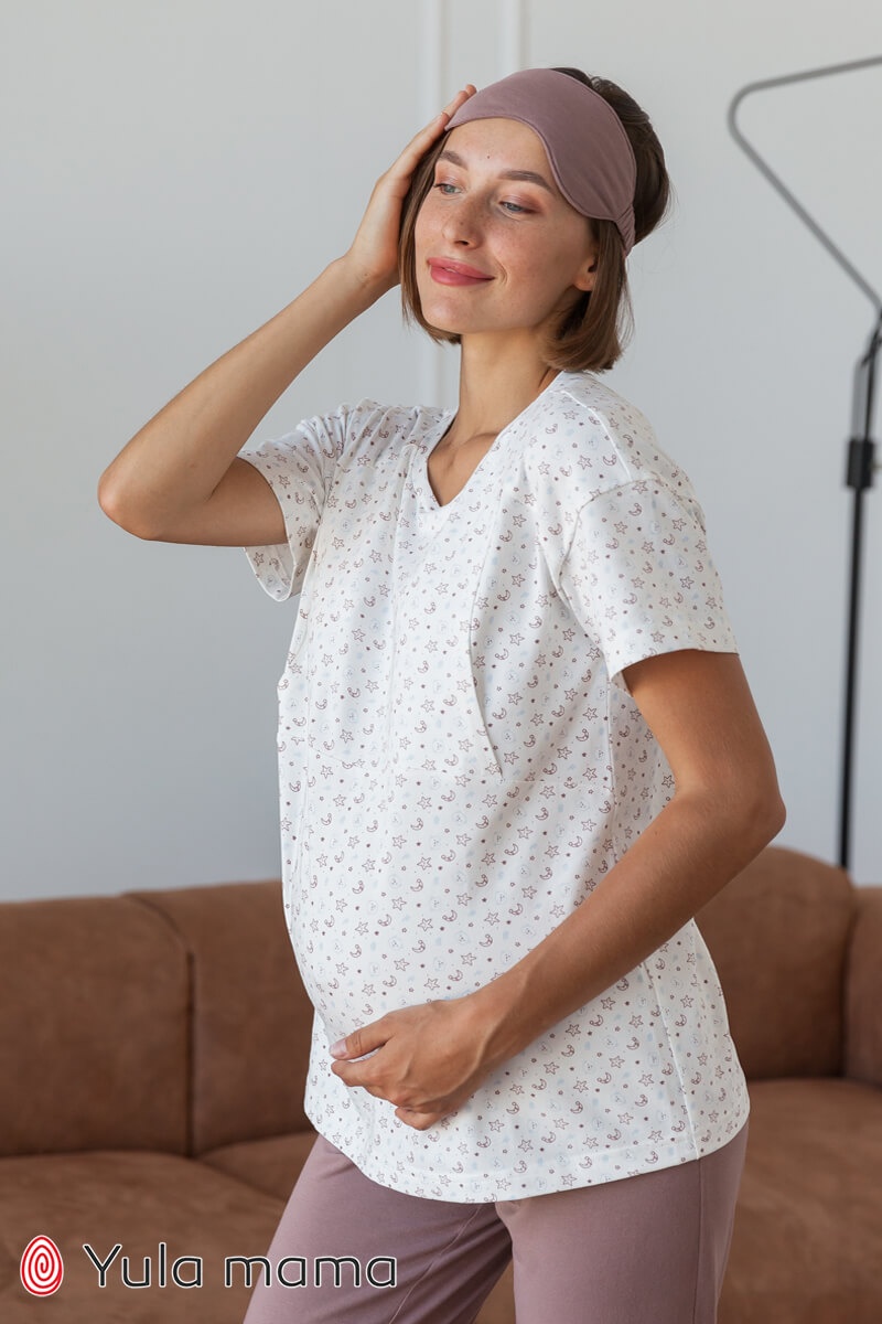 Пижамы, домашние костюмы Футболка для беременных и кормящих AILEEN, мишки на молочном фоне, Юла Мама