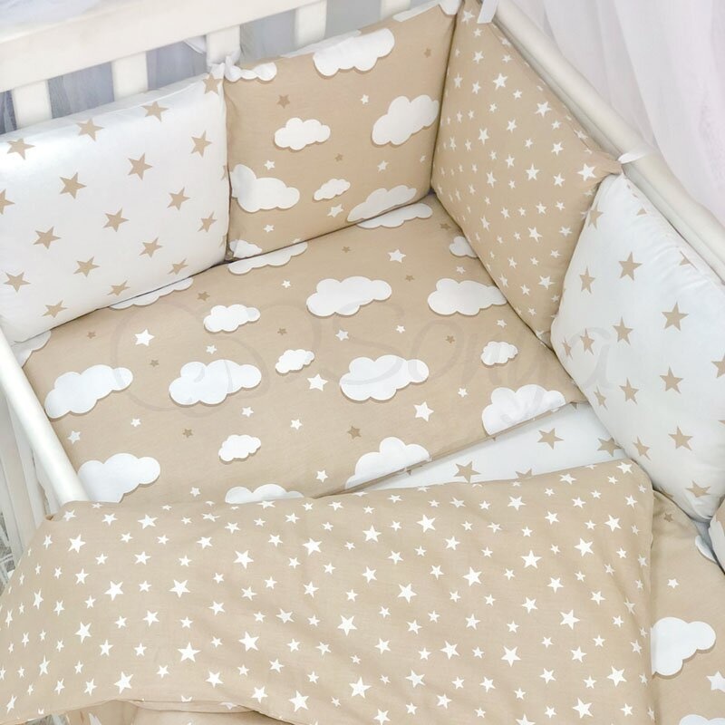 Постільна білизна Комплект Baby Design Premium Облака бежевые, стандарт, 7 элементов, Маленькая Соня