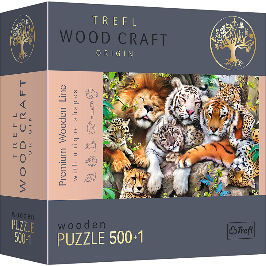 Пазлы, мозаика Пазлы фигурные из дерева - (500+1 элм.) - "Дикие коты в джунглях", Trefl